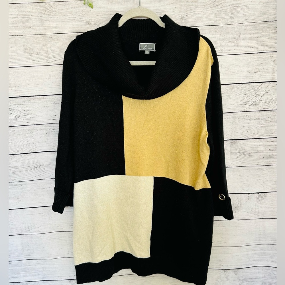 JM Collection Women’s Black Cream Gold Cowl Neck 3/4 Sleeve Colorblock Sweater
